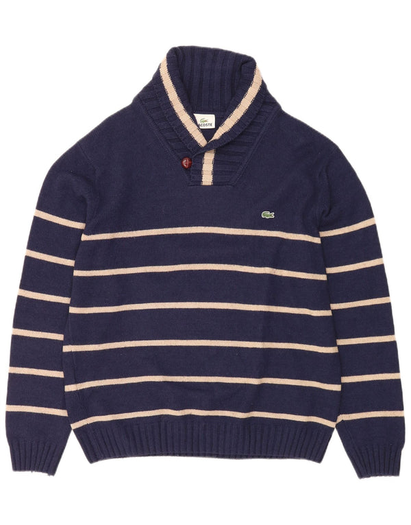 Suéter masculino Lacoste com gola xale tamanho 6 2XL lã listrada azul marinho