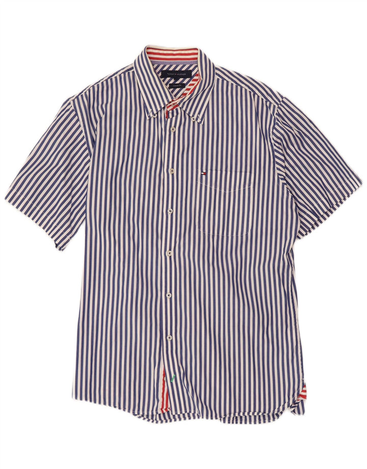 Camisa masculina TOMMY HILFIGER de manga curta com ajuste personalizado grande listrada azul marinho