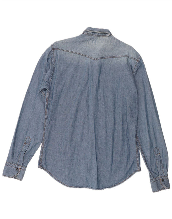 Camisa jeans masculina Zara Slim Fit grande algodão azul