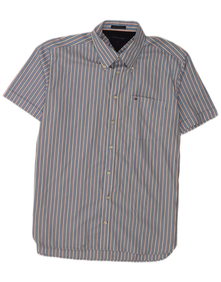 Tommy Hilfiger Camisa masculina de manga curta grande listrada azul