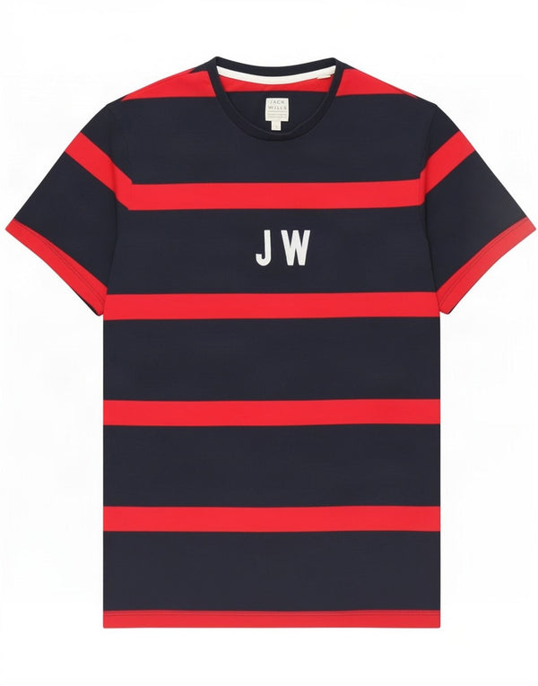 Jack Wills Camiseta masculina gráfica Top pequeno algodão listrado azul marinho