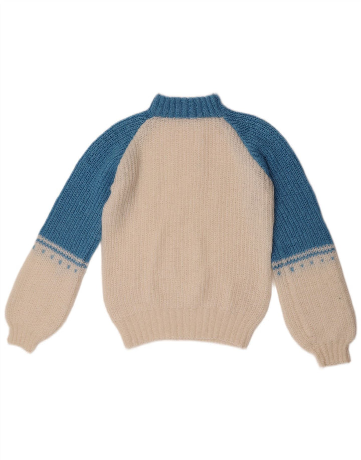 Suéter feminino vintage com gola tartaruga UK 12 bloco colorido branco médio
