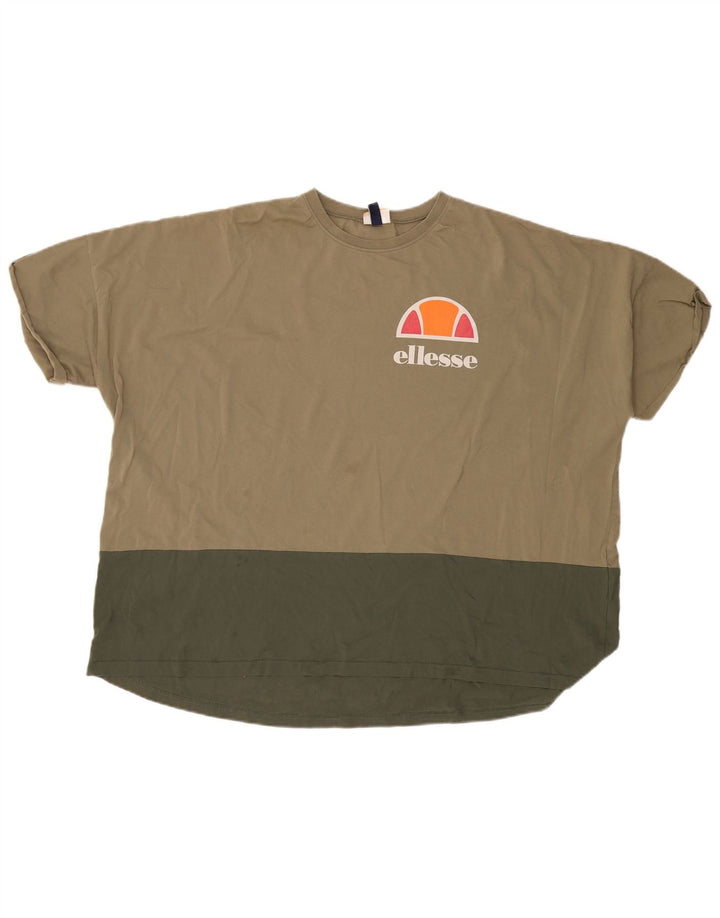 Camiseta feminina Ellesse com estampa grande grande Reino Unido 12 bloco colorido cáqui médio