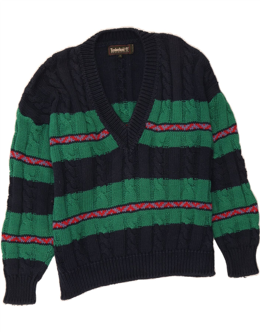 TIMBERLAND Mens V-Neck Jumper Sweater Large Navy Blue Striped Cotton Vintage Timberland and Second-Hand Timberland from Messina Hembry 