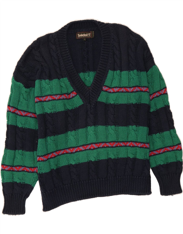 TIMBERLAND Mens V-Neck Jumper Sweater Large Navy Blue Striped Cotton Vintage Timberland and Second-Hand Timberland from Messina Hembry 