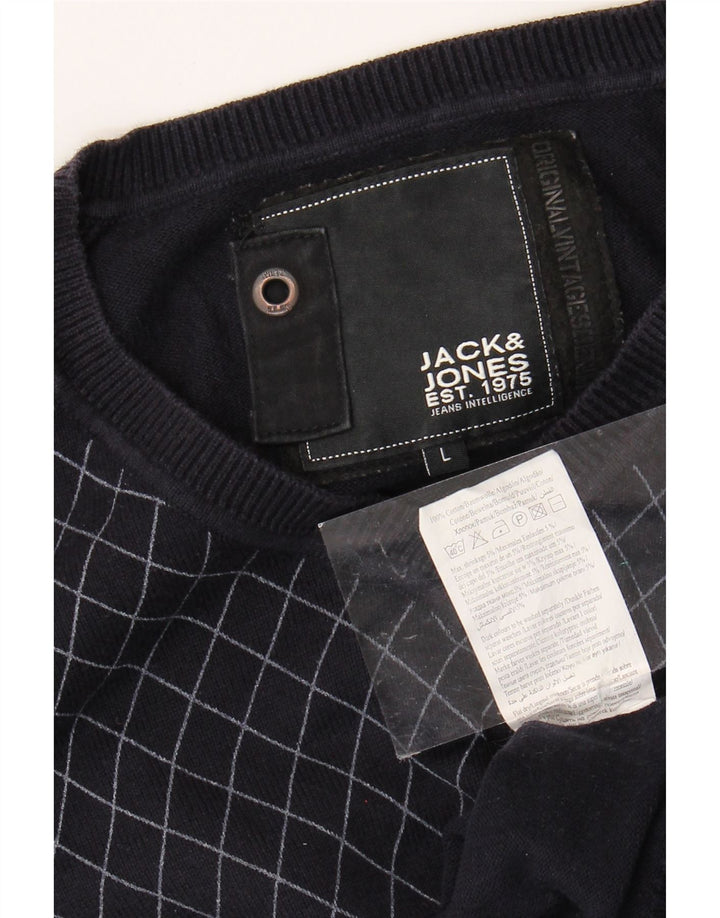 Suéter masculino JACK & JONES com decote em V grande algodão xadrez azul marinho