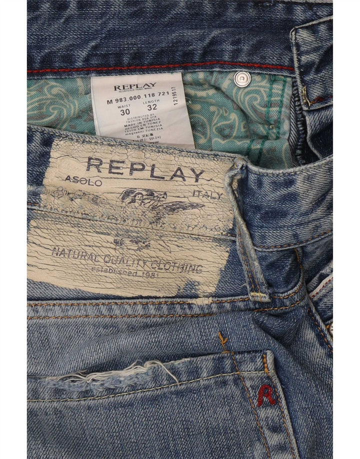 Replay Mens Waitom Distressed Straight Jeans W30 L32 Azul Algodão