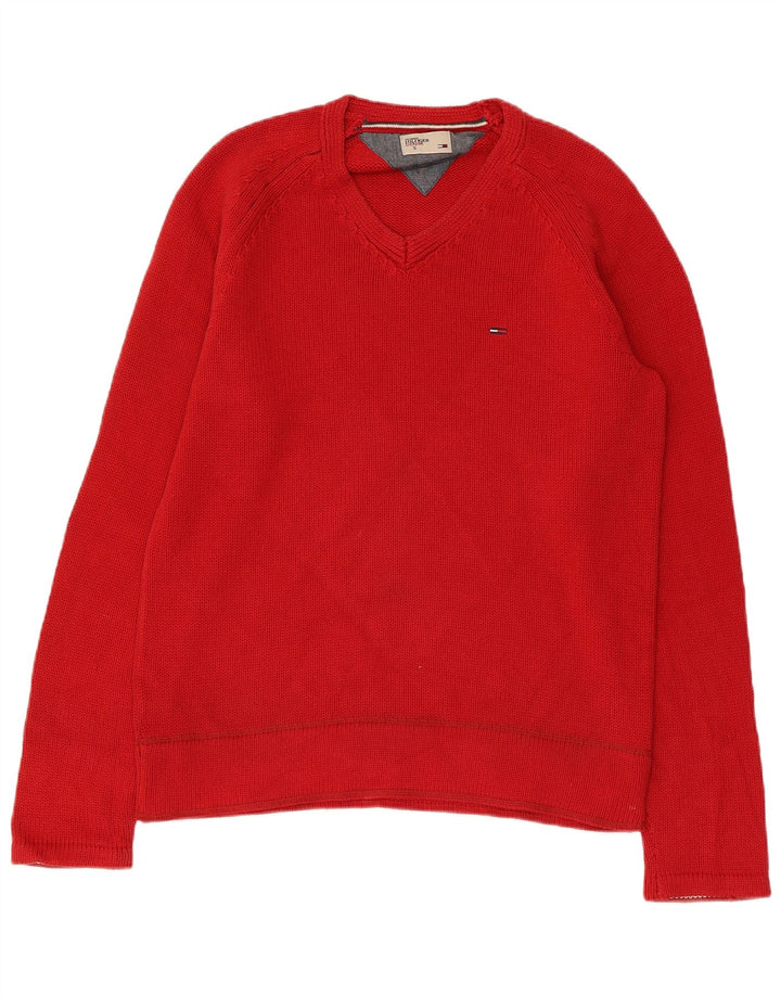 TOMMY HILFIGER Suéter masculino com decote em V pequeno algodão vermelho