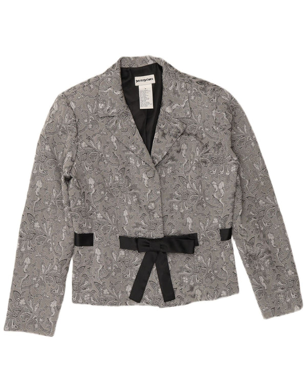 Jaqueta blazer feminina Perceptions com 2 botões UK 8 pequena cinza floral rayon