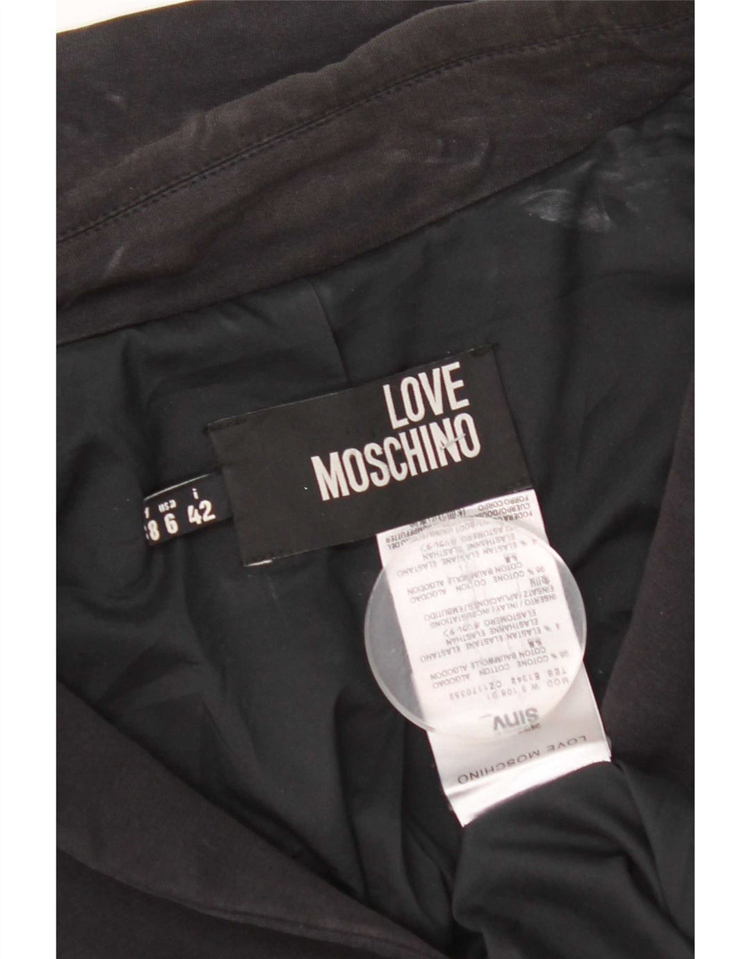 Jaqueta blazer feminina Moschino Crop Graphic 3 botões Reino Unido 10 pequena preta