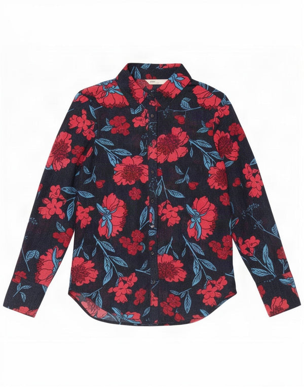 Blusa feminina Zara transparente Reino Unido 6 XS azul marinho floral poliéster
