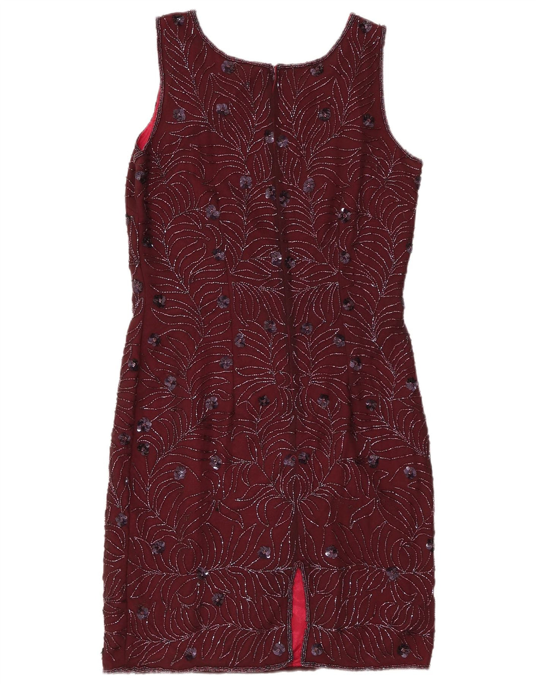 Vestido feminino VINTAGE sem mangas com bainha UK 12 médio Borgonha floral