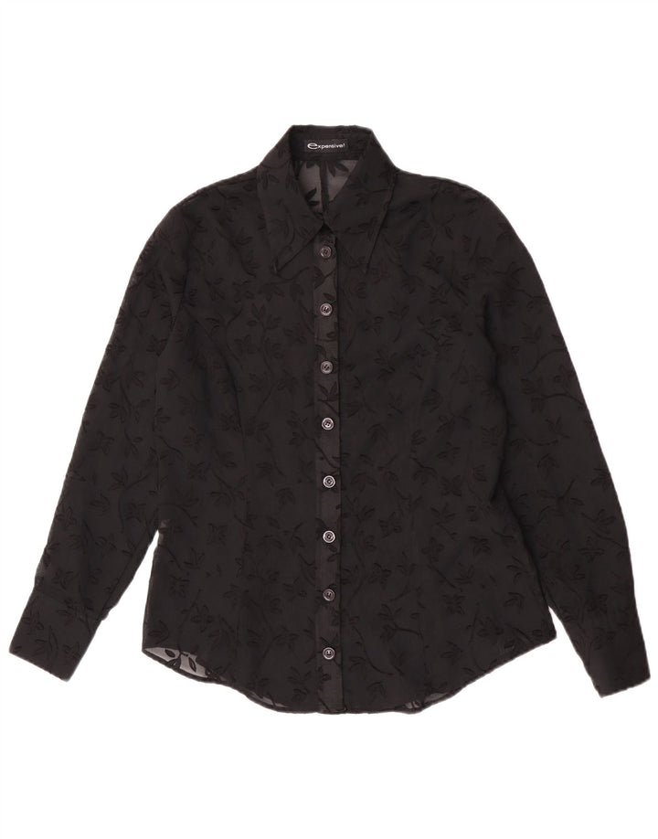 Blusa feminina vintage transparente IT 44 poliéster floral preto médio