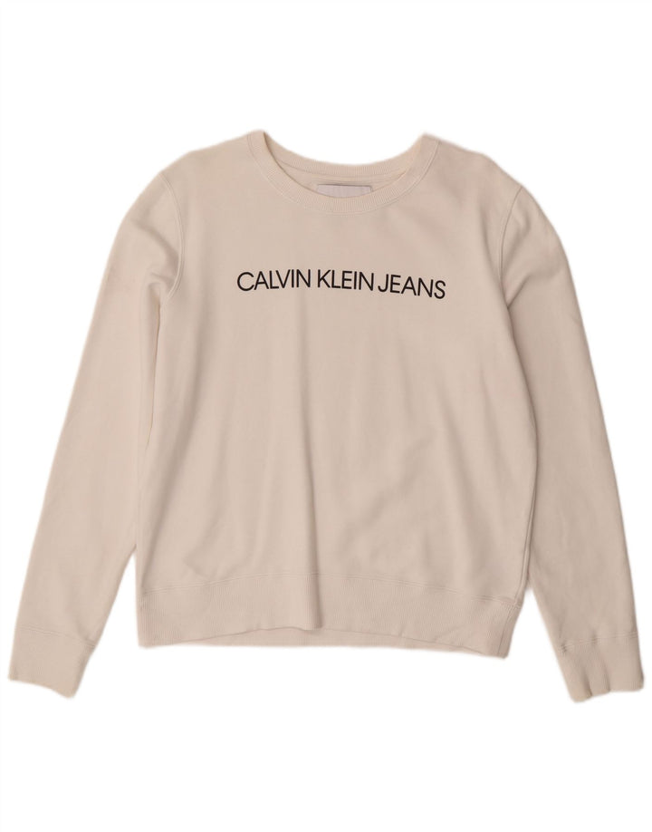 Calvin Klein Jeans feminino moletom gráfico jumper UK 14 médio branco