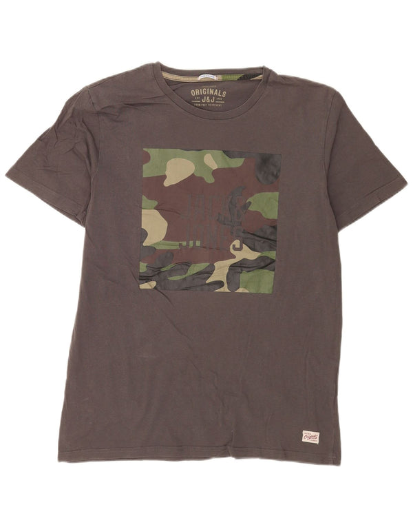 Jack & Jones Mens Graphic T-Shirt Top XL Grey Camouflage Cotton
