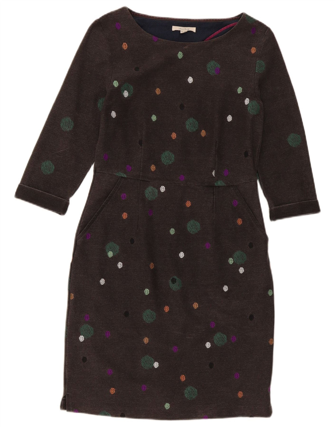 Vestido feminino com bainha de manga 3/4 White Stuff Reino Unido 10 pequeno cinza manchado