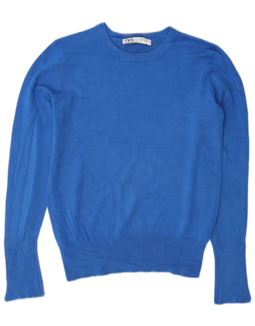 Suéter feminino Zara com gola redonda e viscose azul médio UK 12