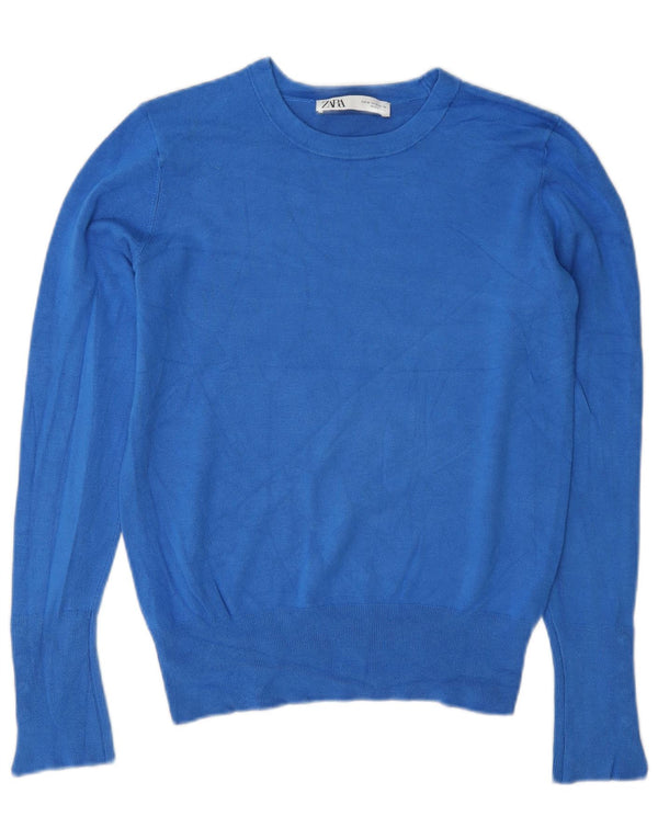 Suéter feminino Zara com gola redonda e viscose azul médio UK 12