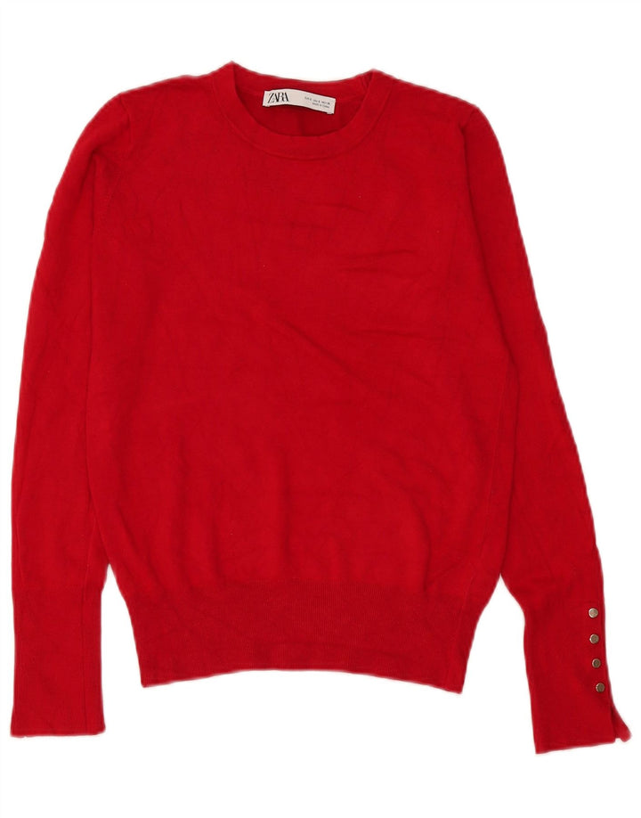 Suéter feminino Zara com gola redonda, Reino Unido 10, viscose vermelha pequena