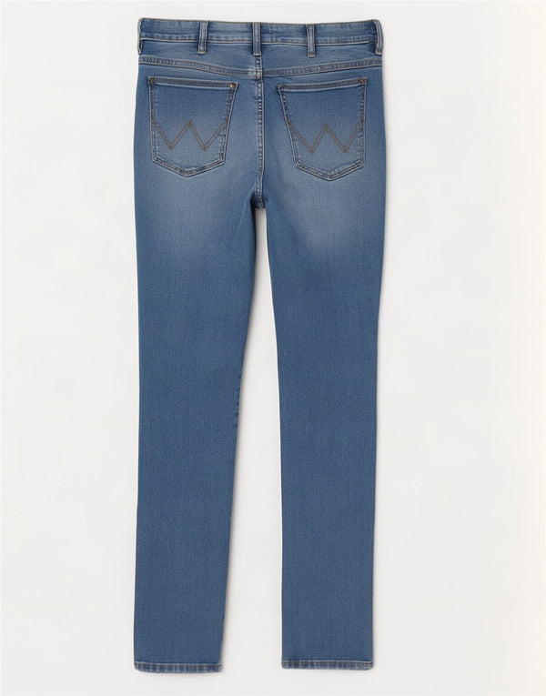 Calça jeans feminina Wrangler Strangler desgastada W31 L30 azul algodão