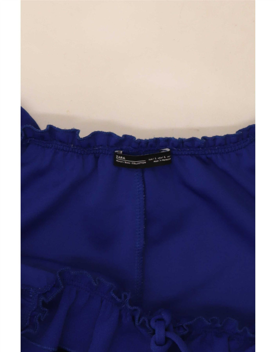 Vestido feminino Zara com babados e ombros de fora, tamanho 14, azul grande