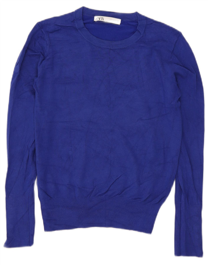 Suéter feminino Zara com gola redonda e gola redonda, Reino Unido 12, azul médio