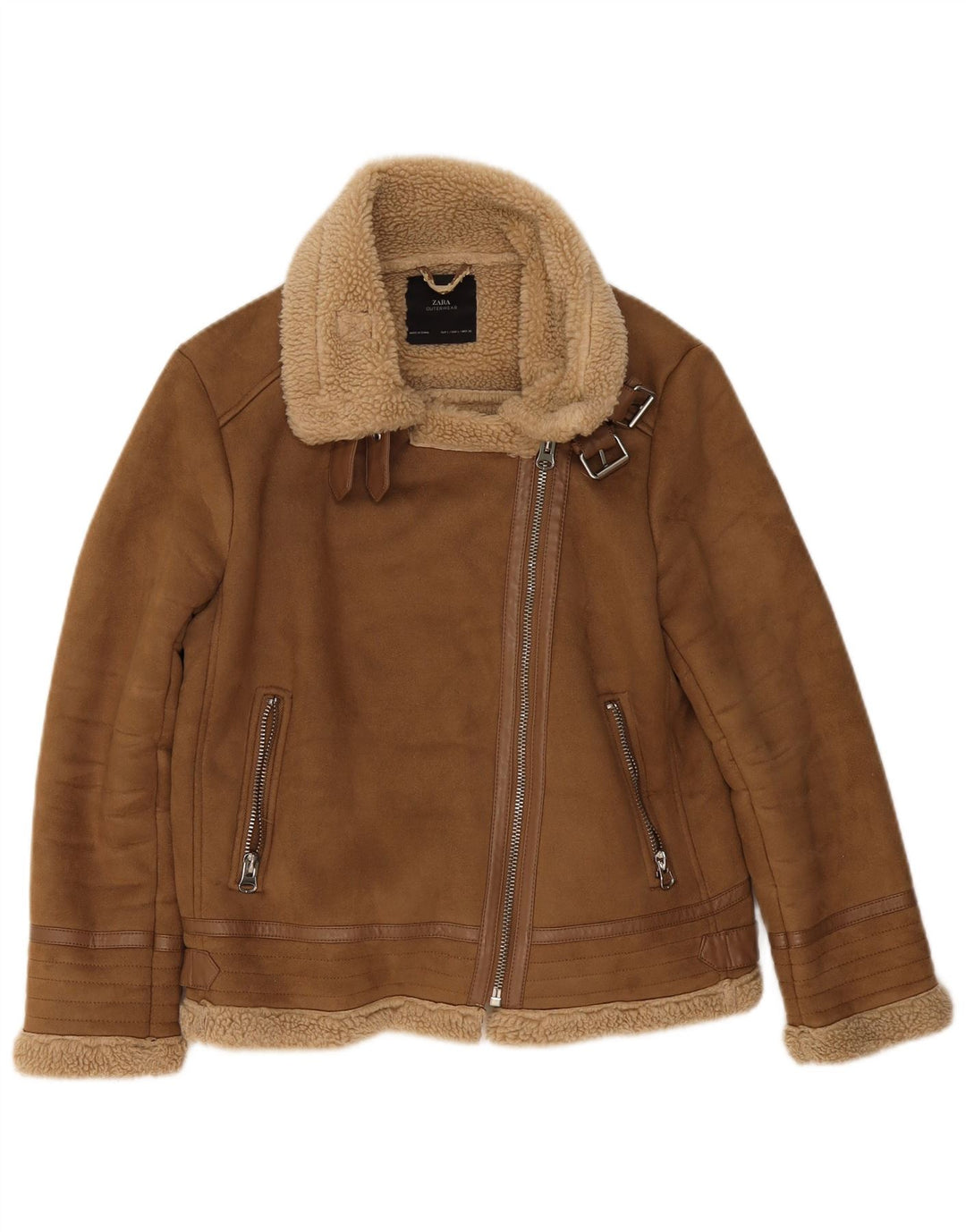 Zara Womens Sherpa Jacket UK 16 Grande Poliéster Bege