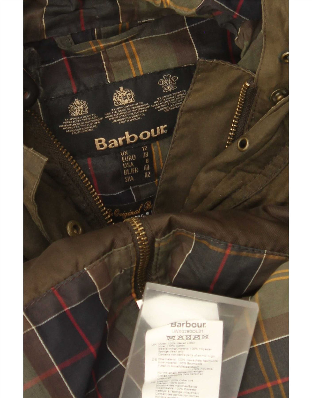 Jaqueta feminina de algodão encerado com capuz Barbour UK 12 médio cáqui