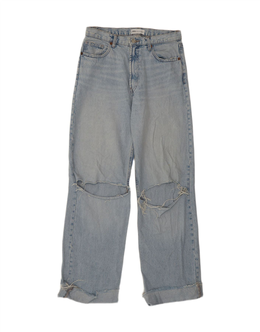 Zara Jeans feminino de cintura alta desgastado UE 40 médio W30 L31 azul