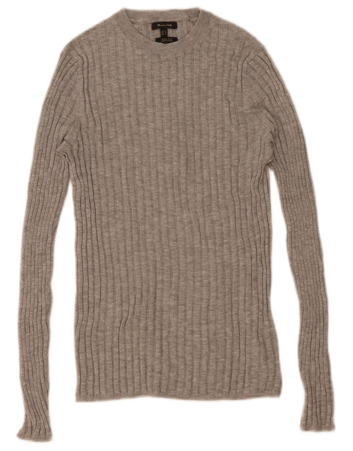 Suéter feminino Massimo Dutti com gola redonda Reino Unido 12 lã cinza médio