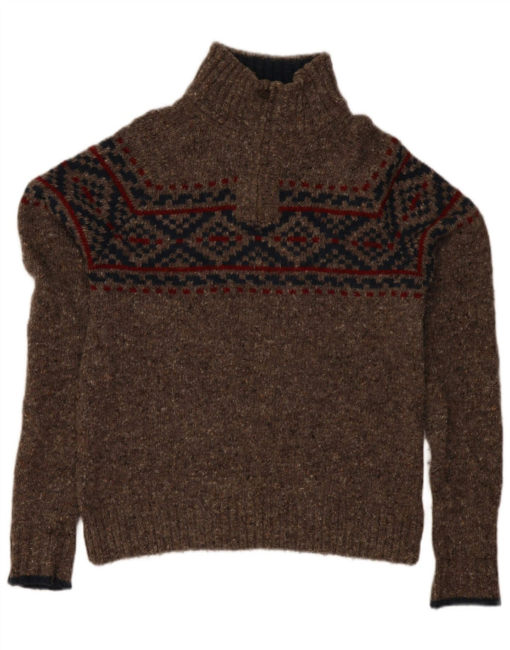 Suéter masculino Fat Face com gola e zíper, marrom médio, lã Fair Isle