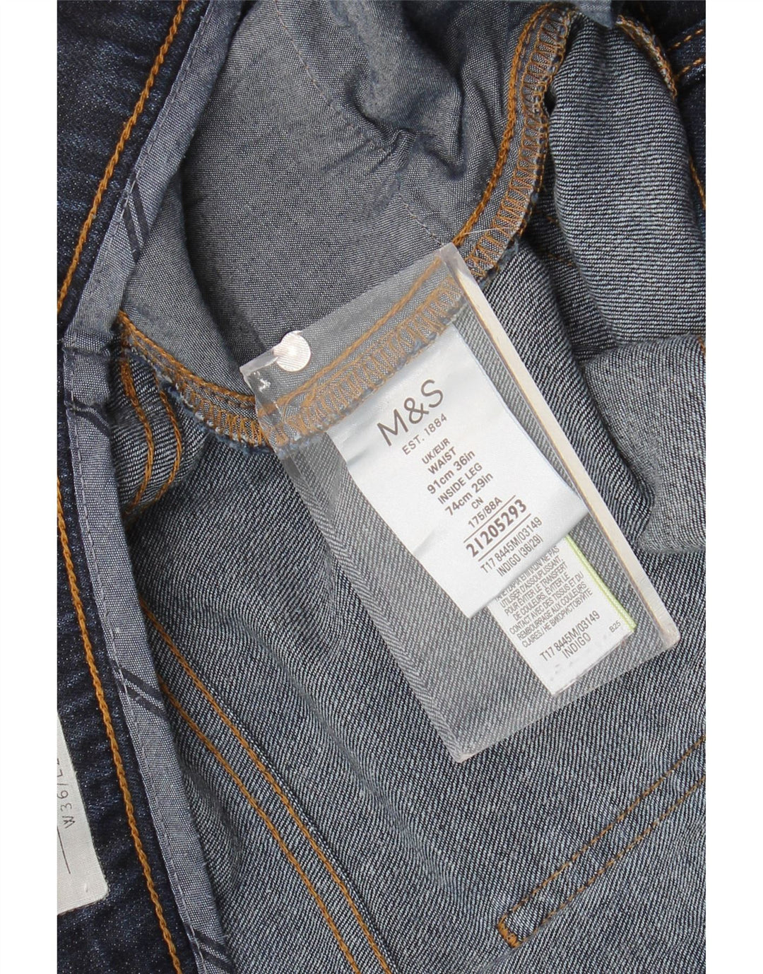 Jeans cônicos masculinos Marks & Spencer W36 L29 algodão azul marinho