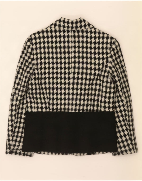 Jaqueta blazer feminina vintage de 3 botões UK 12 Houndstooth preto médio