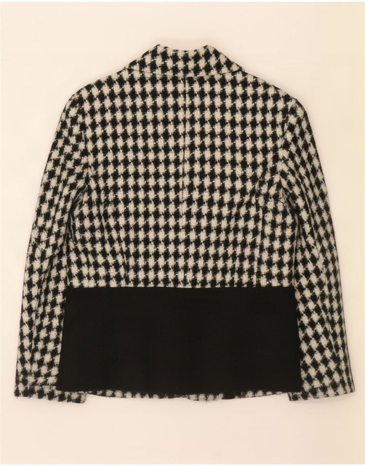 Jaqueta blazer feminina vintage de 3 botões UK 12 Houndstooth preto médio