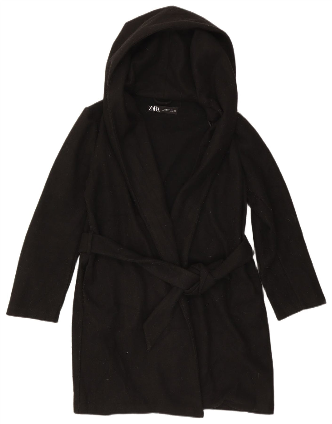 Sobretudo feminino com capuz Zara UK 14 poliéster preto médio
