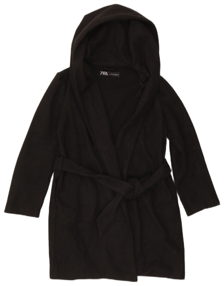 Sobretudo feminino com capuz Zara UK 14 poliéster preto médio