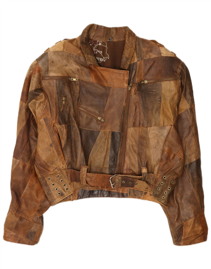 Jaqueta de couro bomber feminina vintage Reino Unido 16 grandes retalhos marrons