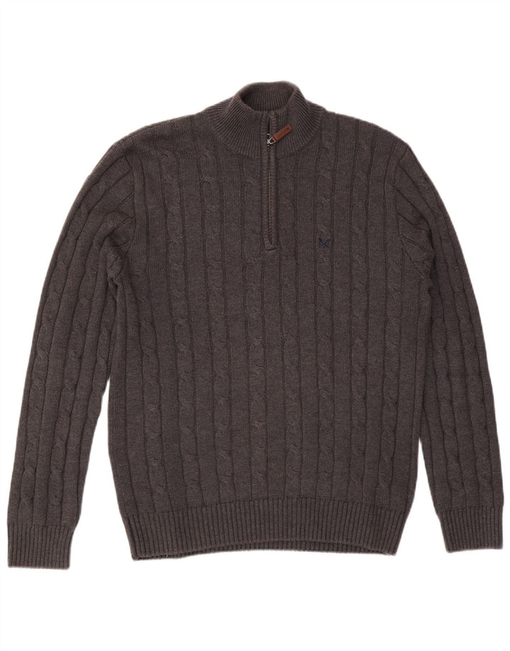 Suéter masculino Crew Clothing com zíper e gola em algodão cinza médio
