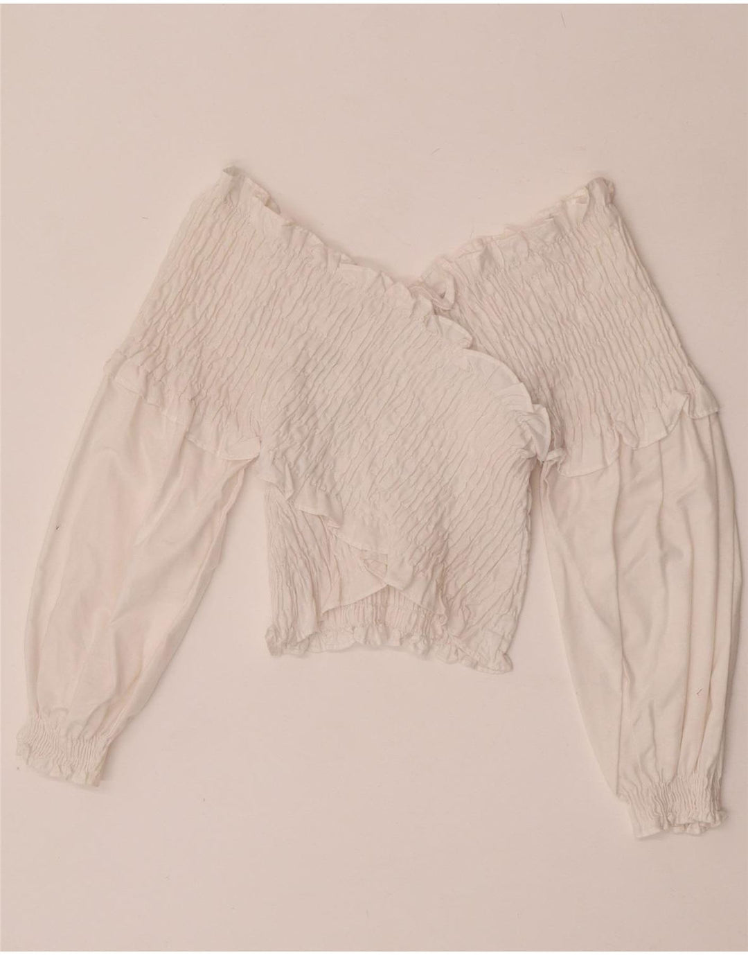 Zara Top feminino de manga comprida com ombro de fora UK 12 médio branco