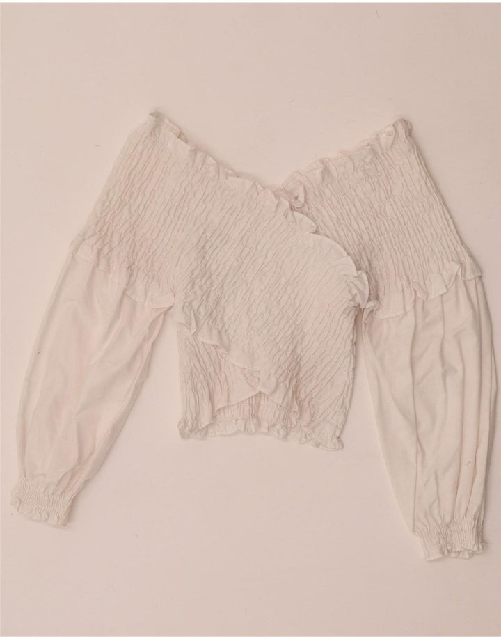 Zara Top feminino de manga comprida com ombro de fora UK 12 médio branco