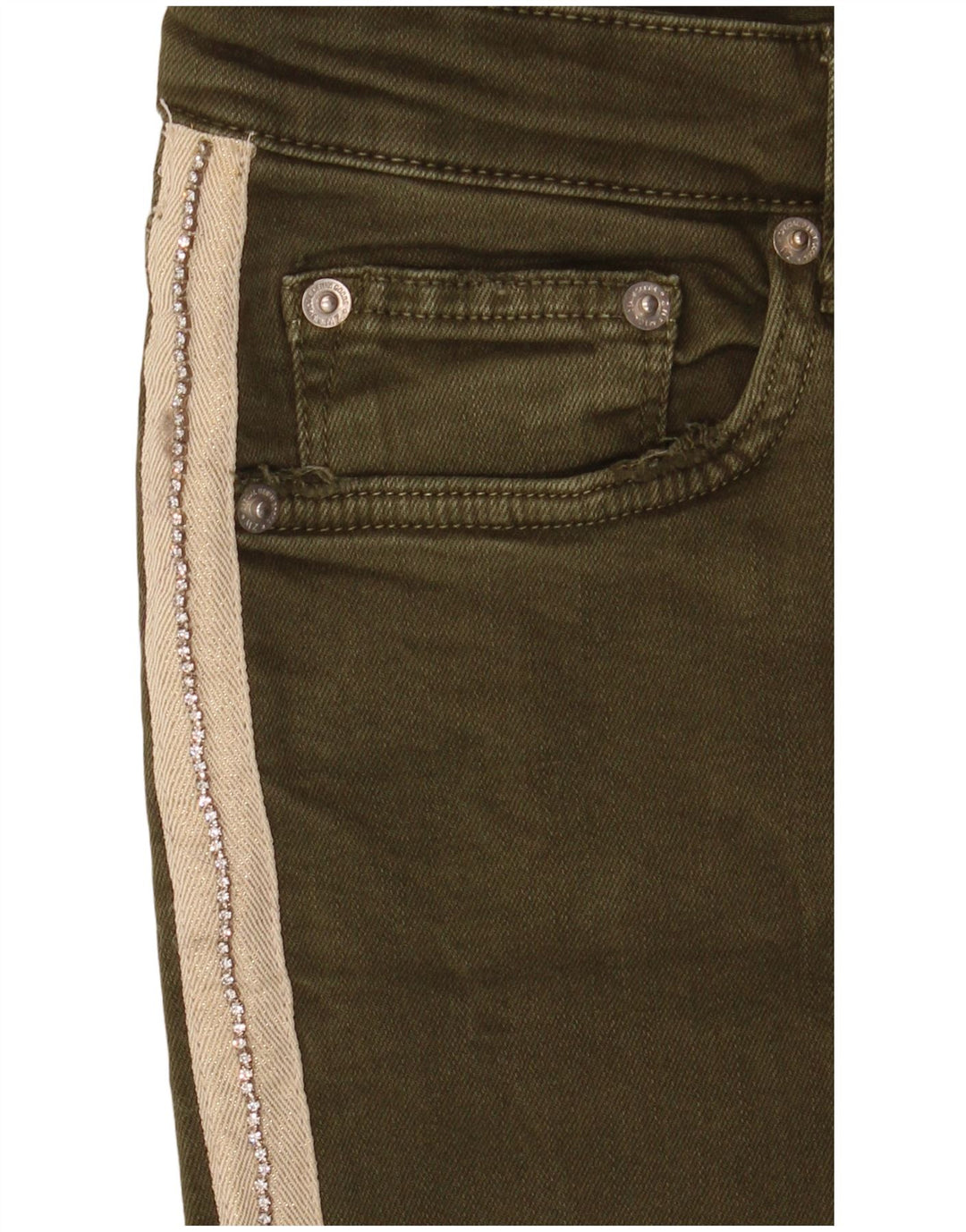 Zara Jeans feminino slim EU 40 médio W30 L27 cáqui colorblock