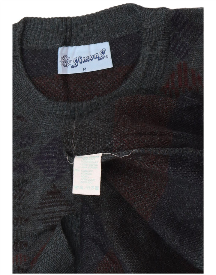 Suéter vintage masculino com gola redonda, lã virgem geométrica azul média