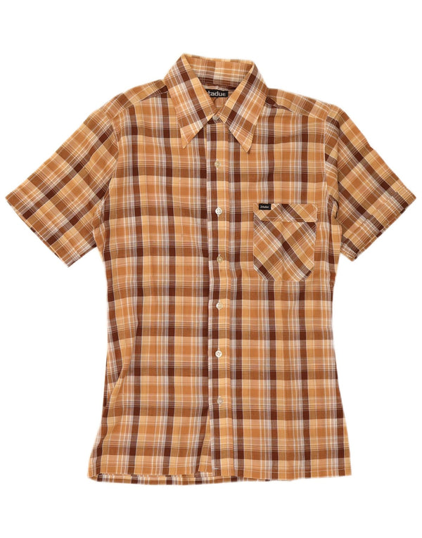 Camisa masculina vintage de manga curta pequena em poliéster xadrez marrom