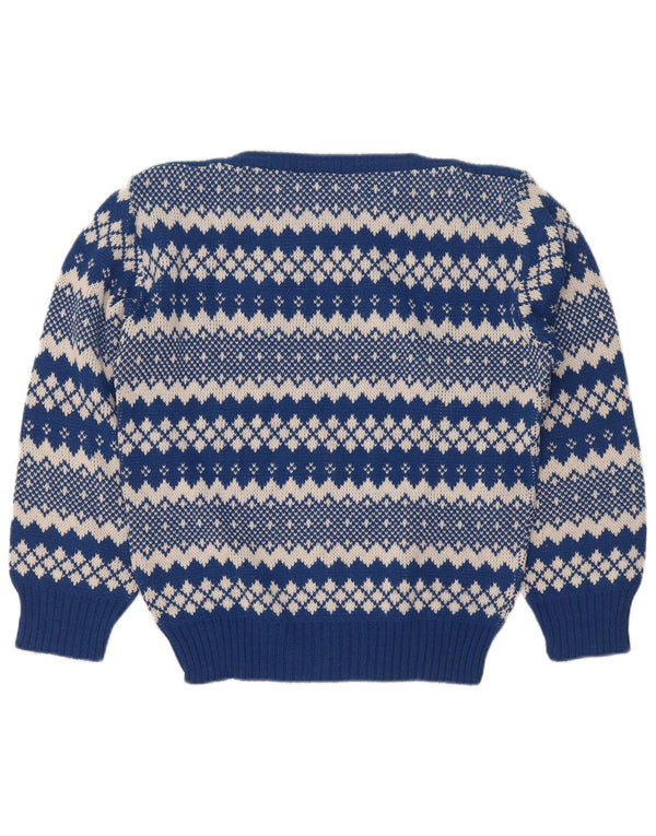 Suéter feminino vintage com gola canoa Reino Unido 12 médio azul Fair Isle