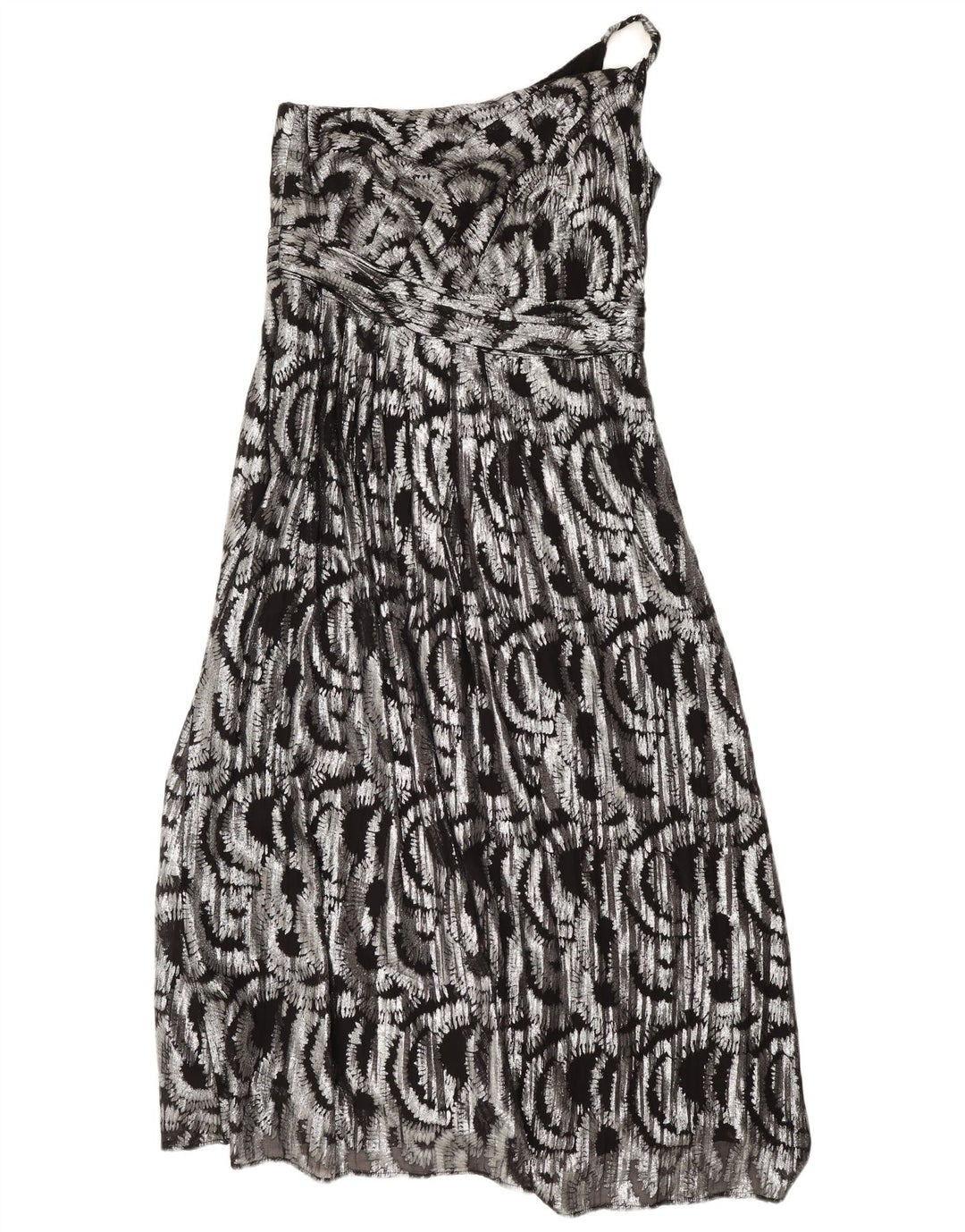Monsoon Vestido feminino maxi com padrão abstrato de um ombro Reino Unido 16 grande prateado