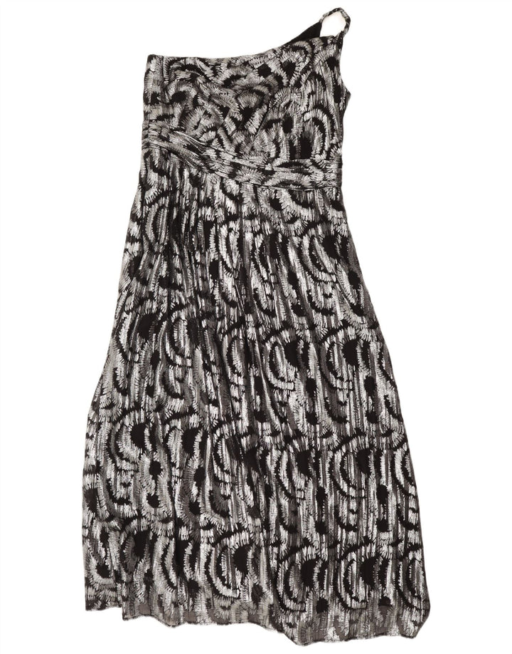 Monsoon Vestido feminino maxi com padrão abstrato de um ombro Reino Unido 16 grande prateado