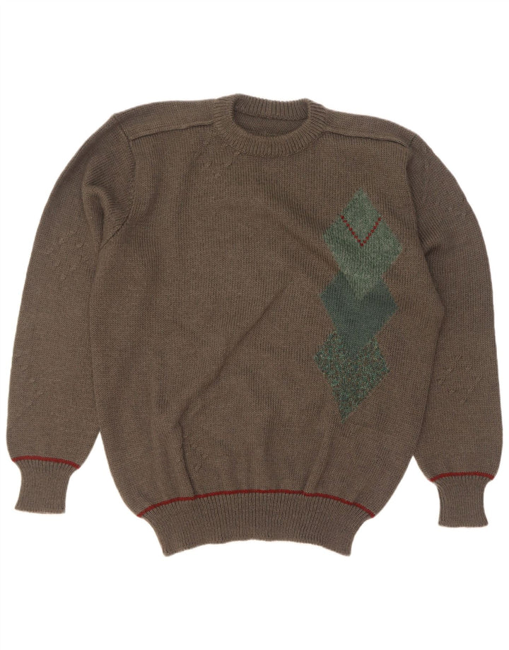 Suéter vintage masculino com gola redonda grande cáqui Argyle/Diamante