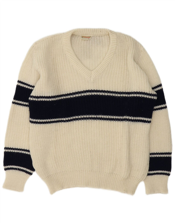 Suéter vintage masculino com decote em V grande bloco colorido branco