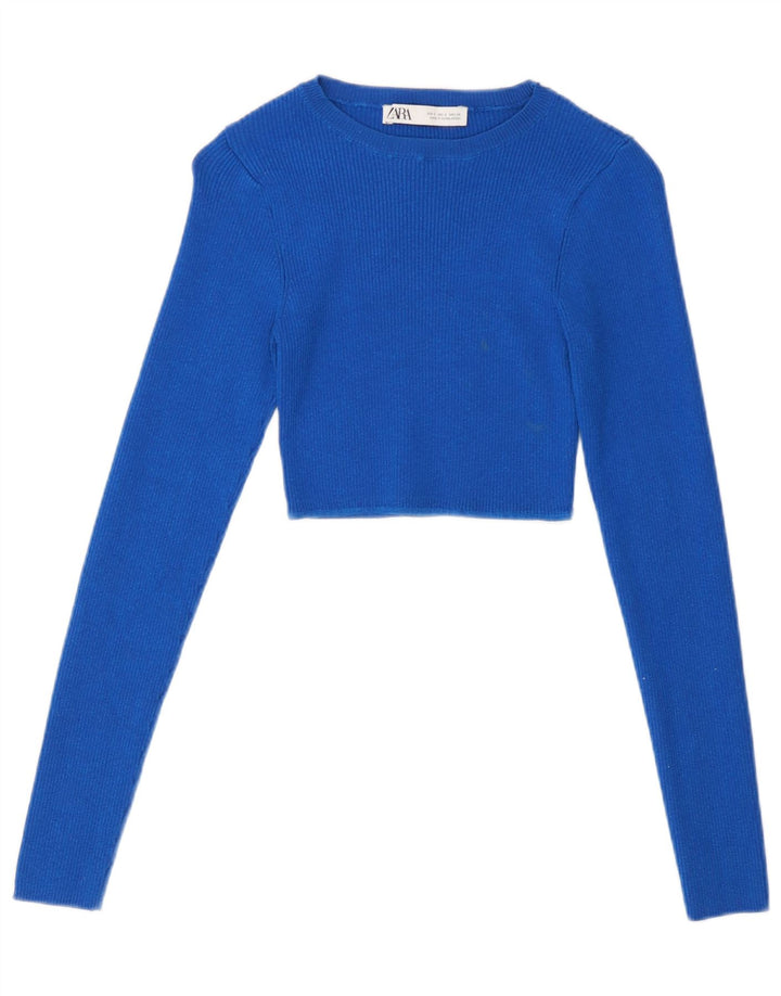 Zara Womens Crop Top Manga Longa Reino Unido 8 Pequeno Azul Viscose