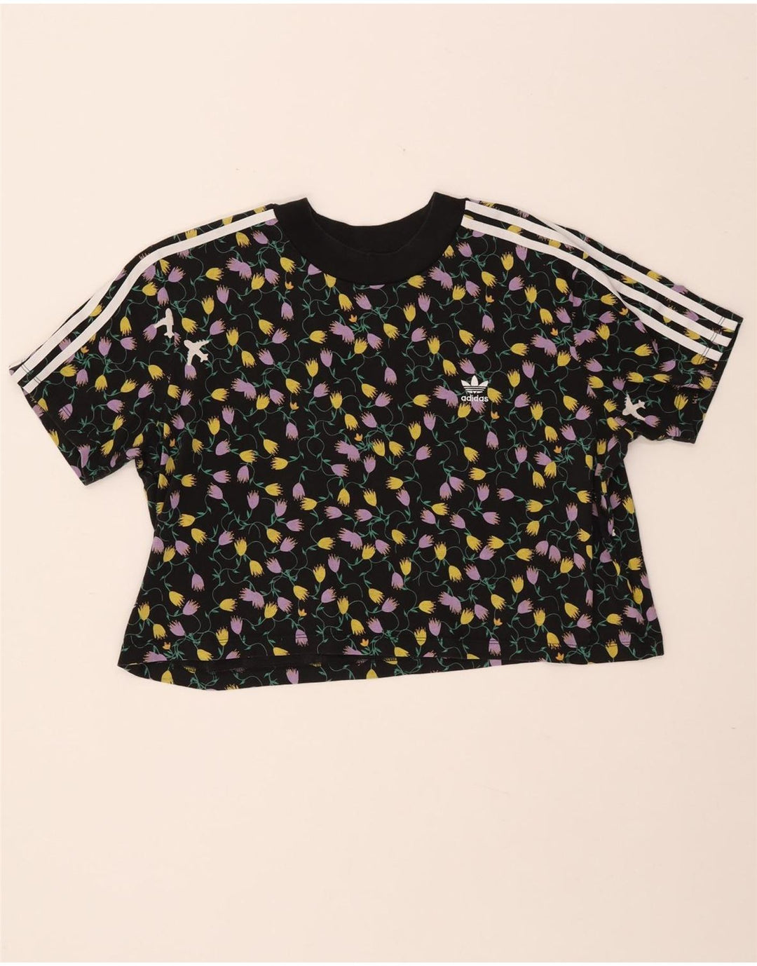 ADIDAS Camiseta Feminina Crop Graphic Top UK 18 XL Preto Floral Algodão